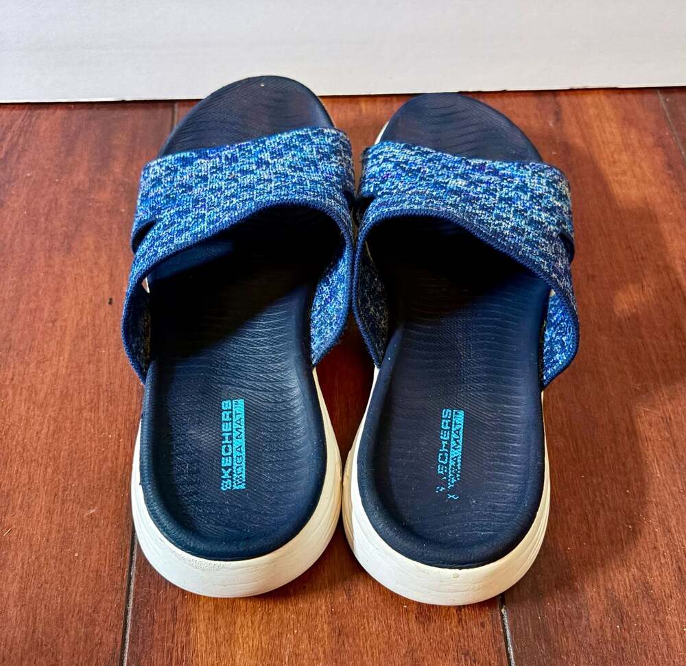 Skechers GoWalk Yoga Mat Blue Knit Slide Sandals - Picture 3 of 6